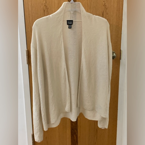 Women's Medium Ivory Cream Wool Crepe Eileen Fisher Open Front Cardigan Top - Picture 11 of 14